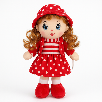 Red Polka Dot Doll – Soft Rag Doll with Curly Hair and Hat for Kids
