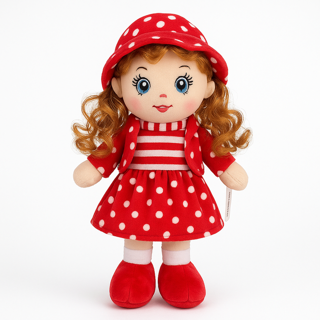 Red Polka Dot Doll – Soft Rag Doll with Curly Hair and Hat for Kids