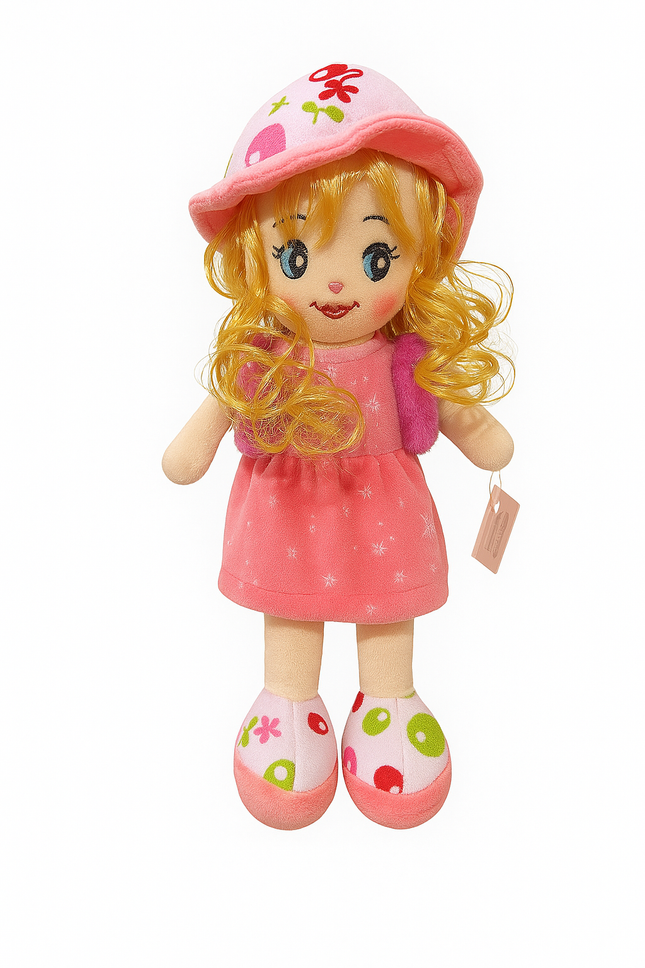 Cute Plush Doll with Pink Dress & Hat – Soft Toy for Kids