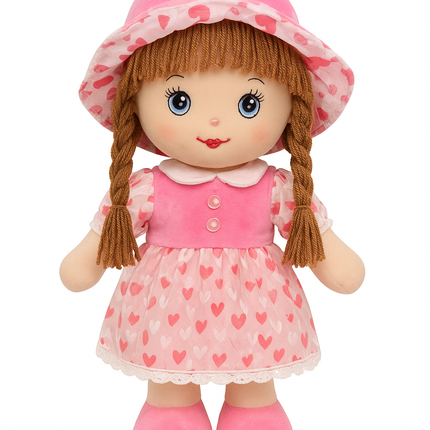 Soft Plush Heart Print Pink Doll – Cute Cuddly Toy for Baby Girls