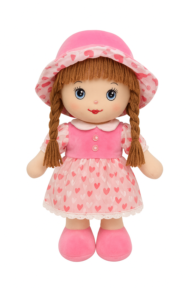 Soft Plush Heart Print Pink Doll – Cute Cuddly Toy for Baby Girls