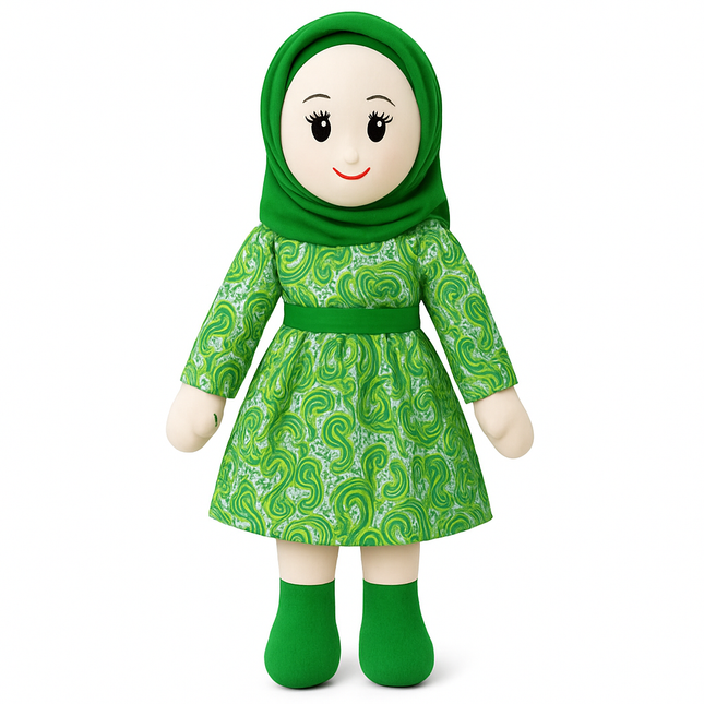 Soft Plush Modest Green Doll – Hijab Style Cute Cuddle Toy for Baby Girls