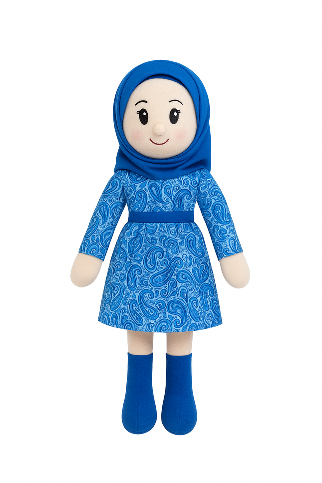 Soft Plush Modest Blue Doll – Hijab Style Cute Cuddle Toy for Girls