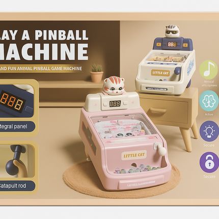 Little Cat Pinball Machine Toy for Kids | Cute Animal Mini Arcade Game with Lights & Music | Fun Hand-Eye Coordination Game