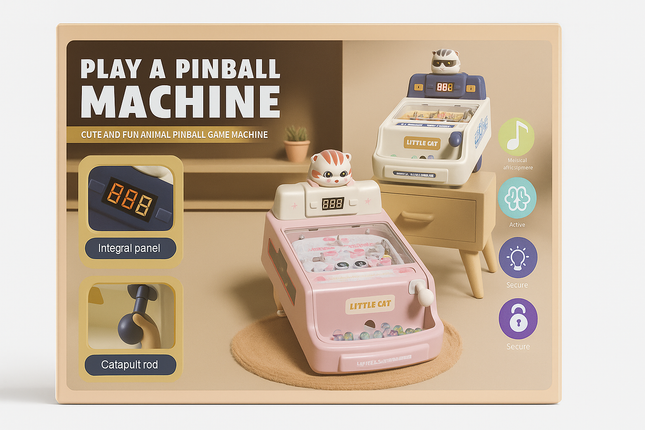 Little Cat Pinball Machine Toy for Kids | Cute Animal Mini Arcade Game with Lights & Music | Fun Hand-Eye Coordination Game