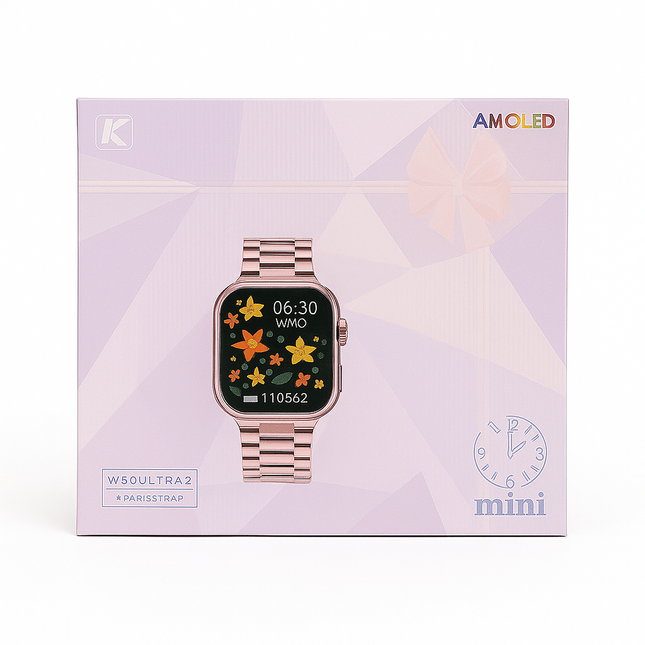 Kieslect W50 Ultra 2 Mini Smartwatch – AMOLED Display | Paris Strap | Elegant Rose Gold
