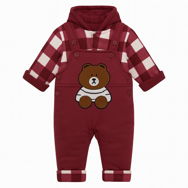 Premium Baby Bear Checkered Hooded Romper – Maroon