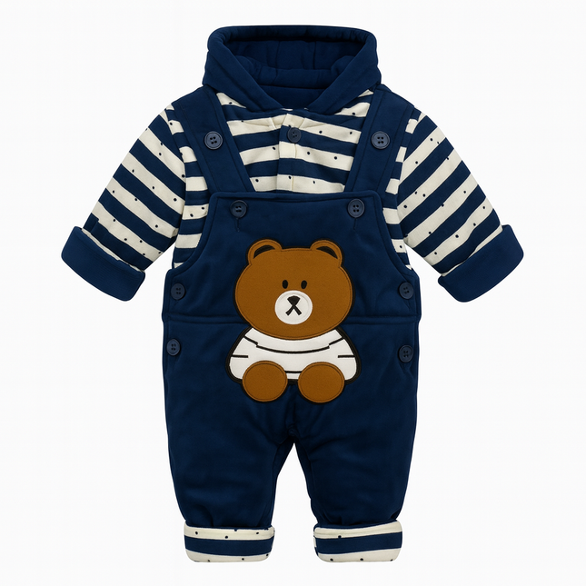 Premium Baby Bear Hooded Romper – Navy Blue Striped