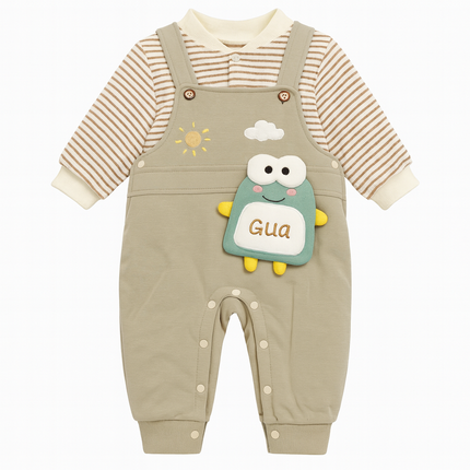 Baby Soft Cotton Overall with Striped Inner – Cute cartoon “Gua” Patch Design