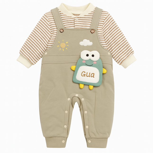 Baby Soft Cotton Overall with Striped Inner – Cute cartoon “Gua” Patch Design