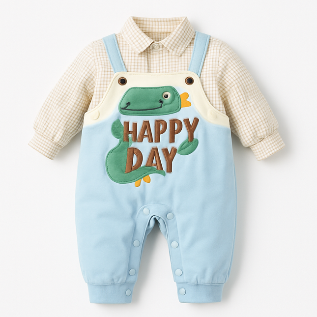 Baby Boys Soft Cotton Dungaree Set – “Happy Day” 3D Dino Patch Design