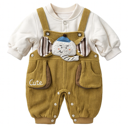 Baby Winter Corduroy Dungaree Set – Cute Tiger Patch & Soft Inner Shirt
