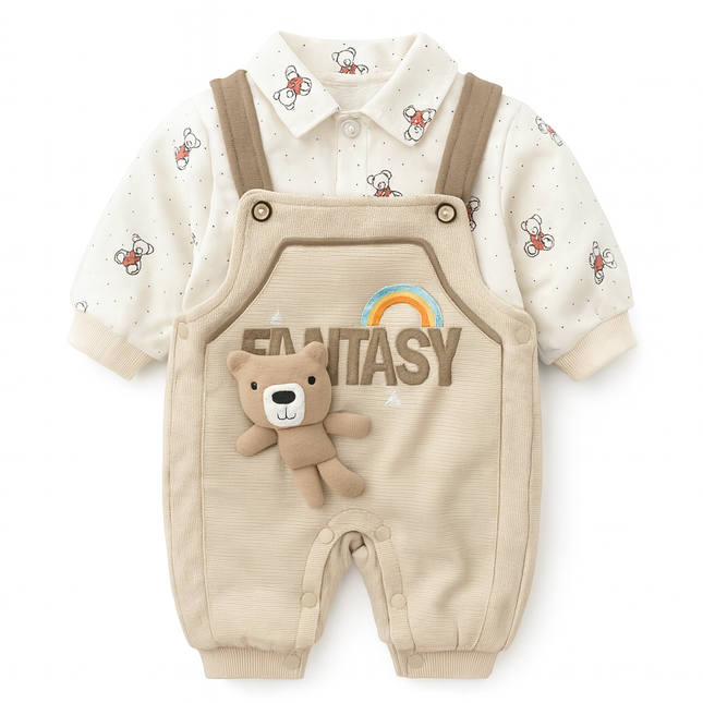 Baby Boys Soft Cotton Dungaree Set – “Fantasy” Bear Plush Patch Design