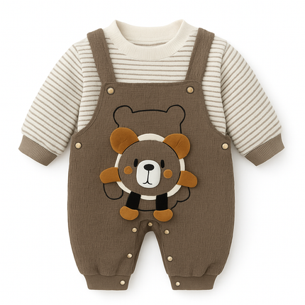 Baby Boys Striped Inner Dungaree Set – Cute 3D Bear Patch Design