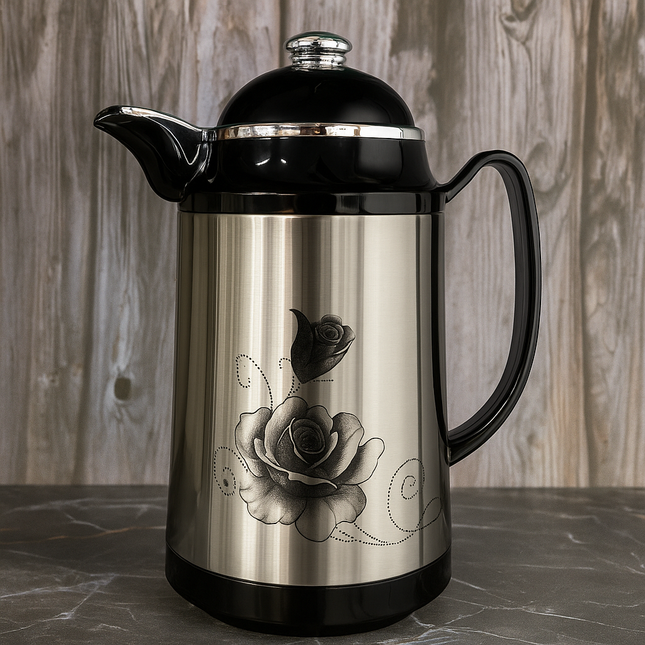 Premium Stainless Steel Vacuum Flask – 1L | Elegant Floral Design | Hot & Cold Thermos
