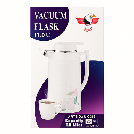 Eagle Vacuum Flask 1 Liter – Hot & Cold Thermos – Elegant Floral Design Cream