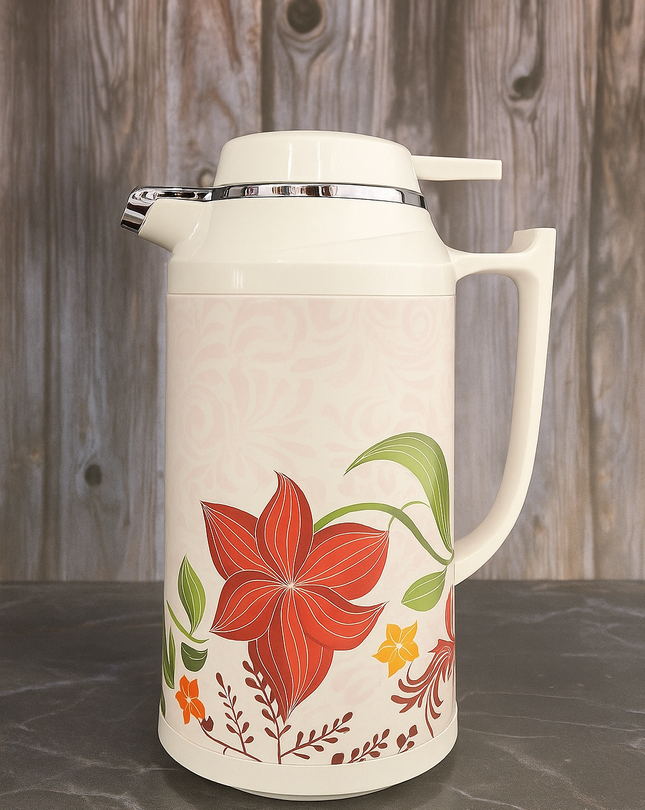 Eagle Vacuum Flask 1 Liter – Hot & Cold Thermos – Elegant Floral Design Cream