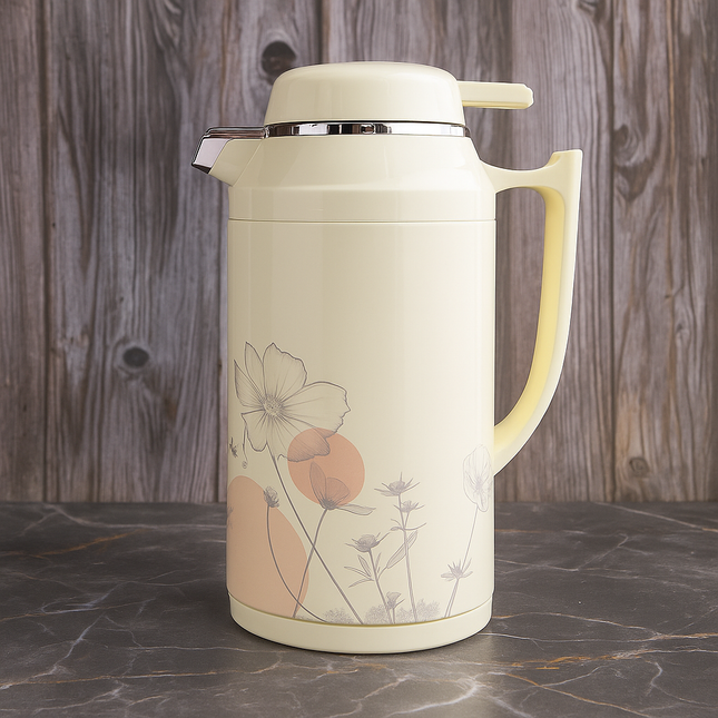 Eagle Vacuum Flask 1 Liter – Hot & Cold Thermos – Elegant Floral Design Cream