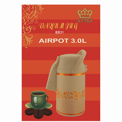 Kings Airpot Vacuum Jug 3.0L – Pump Action Thermos – Hot & Cold Insulated Flask |Gold