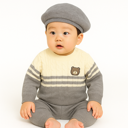 Grey & Cream Bear Knitted Baby Set – Cozy 3-Piece Winter Outfit