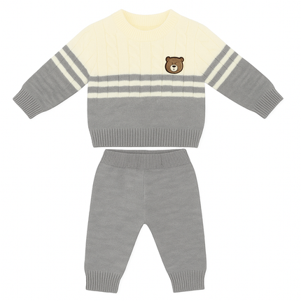 Grey & Cream Bear Knitted Baby Set – Cozy 3-Piece Winter Outfit