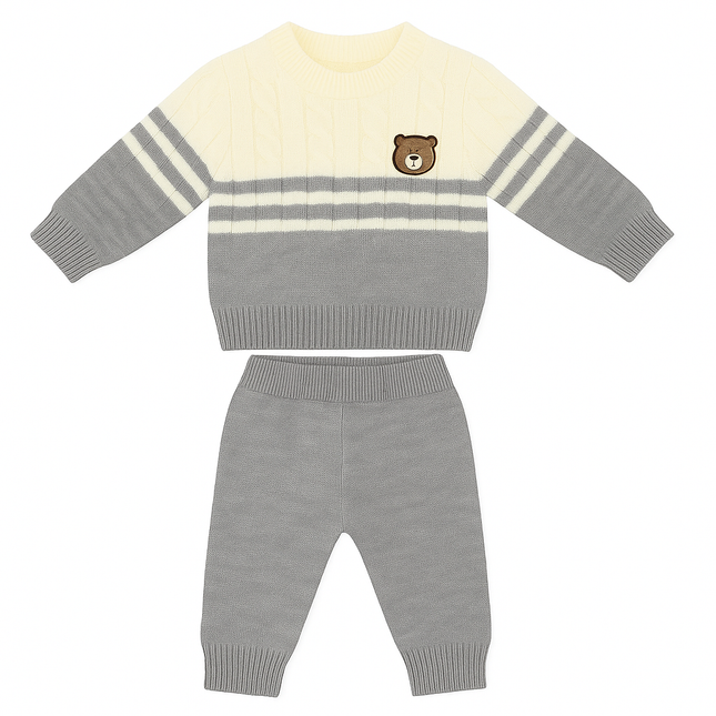 Grey & Cream Bear Knitted Baby Set – Cozy 3-Piece Winter Outfit