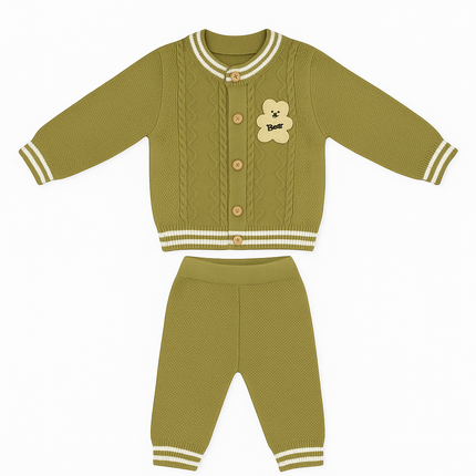 Olive Green “Best Bear” Knitted Baby Set – Button-Up Cozy Outfit
