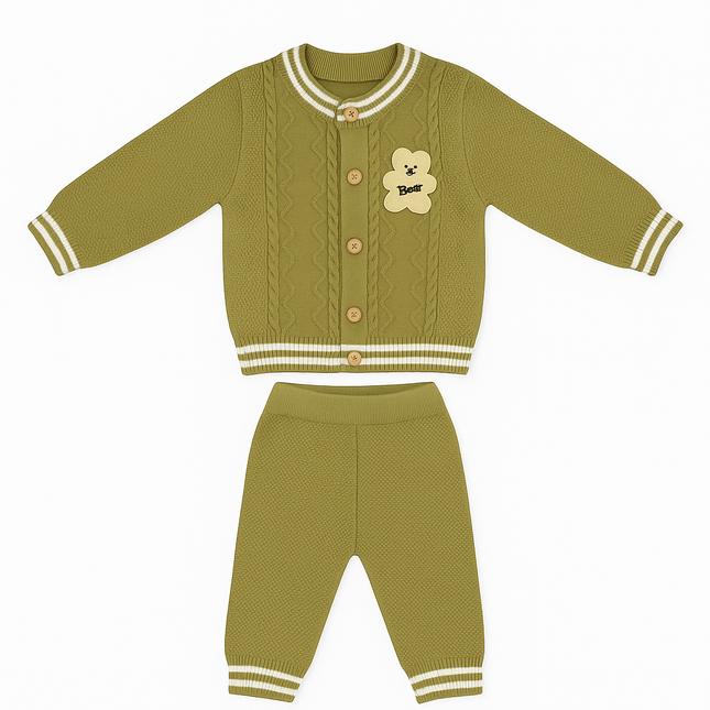 Olive Green “Best Bear” Knitted Baby Set – Button-Up Cozy Outfit