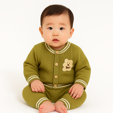 Olive Green “Best Bear” Knitted Baby Set – Button-Up Cozy Outfit