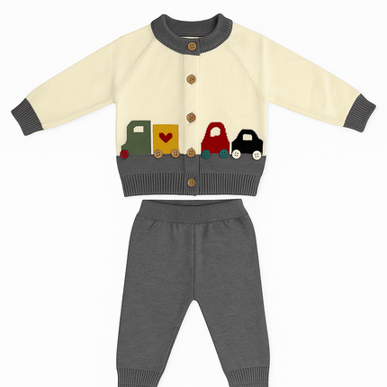 Cream & Grey Car Knitted Baby Set – Playful 2-Piece Winter Outfit