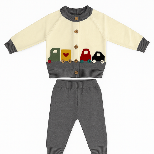 Cream & Grey Car Knitted Baby Set – Playful 2-Piece Winter Outfit