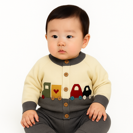 Cream & Grey Car Knitted Baby Set – Playful 2-Piece Winter Outfit