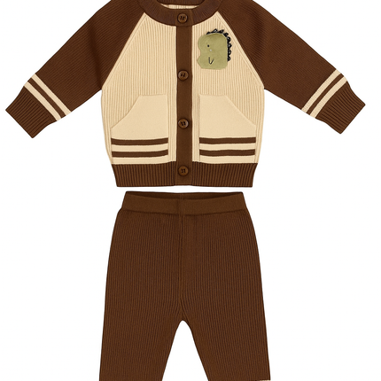 Brown & Cream Dino Knit 2-Piece Set for Baby Boys