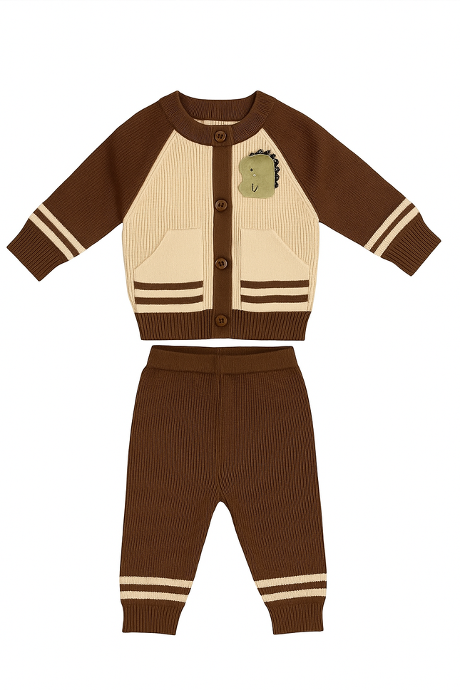 Brown & Cream Dino Knit 2-Piece Set for Baby Boys