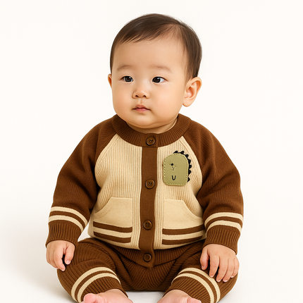 Brown & Cream Dino Knit 2-Piece Set for Baby Boys