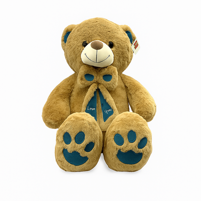 Brown Teddy Bear with Blue Paws & Bow – “Love You” Plush Toy