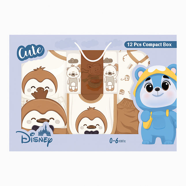 Disney Cute 12 Pcs Baby Gift Set (0–6 Months) – Soft Essentials Box for Newborns (Brown)