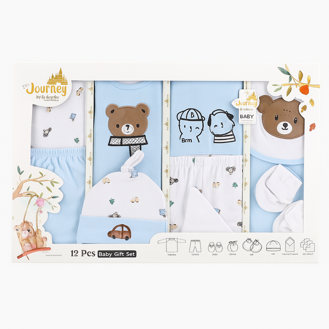 Lilsoft Journey 12 Pcs Baby Gift Set (0–6 Months) – Premium Cotton Newborn Essentials Box | Bear & Friends Design