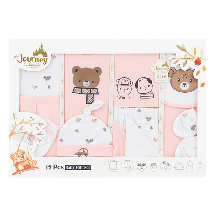 Lilsoft Journey 12 Pcs Baby Gift Set (0–6 Months) – Premium Cotton Newborn Essentials Box | Bear & Friends Design