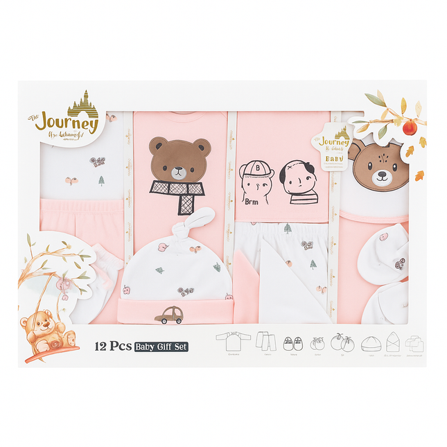Lilsoft Journey 12 Pcs Baby Gift Set (0–6 Months) – Premium Cotton Newborn Essentials Box | Bear & Friends Design