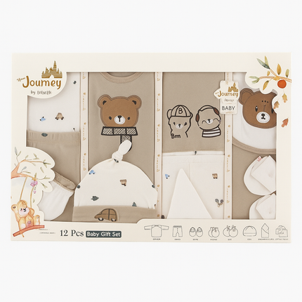 Lilsoft Journey 12 Pcs Baby Gift Set (0–6 Months) – Premium Cotton Newborn Essentials Box | Bear & Friends Design