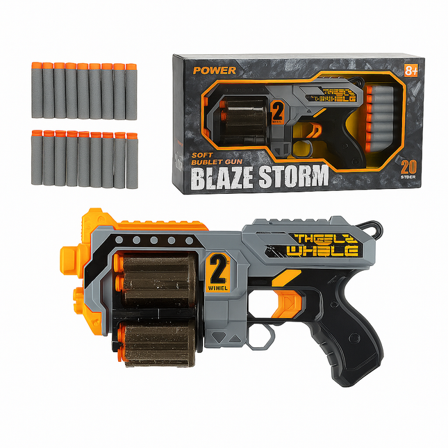 Blaze Storm Soft Bullet Toy Gun – Dual Wheel Blaster With 20 Foam Darts