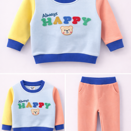 Always Happy Color-Block Sweatshirt & Jogger Set – Cute Bear Design (2-Piece Outfit)