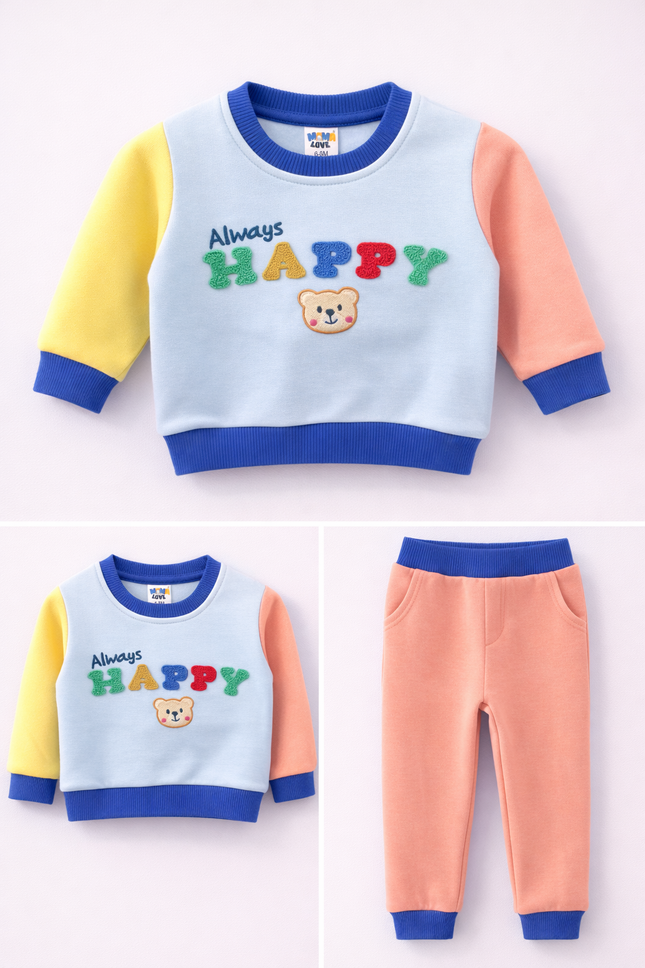 Always Happy Color-Block Sweatshirt & Jogger Set – Cute Bear Design (2-Piece Outfit)
