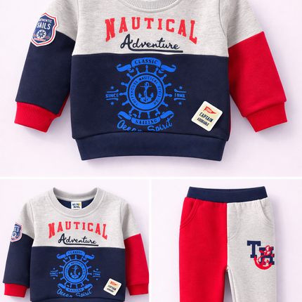 Boys Nautical Adventure Sweatshirt & Jogger Set – Navy, Red & Grey (2-Piece Outfit)