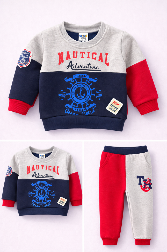 Boys Nautical Adventure Sweatshirt & Jogger Set – Navy, Red & Grey (2-Piece Outfit)