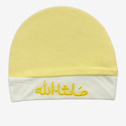 Mamalove Baby Cap – Soft Yellow “Masha Allah” Embroidered Cotton Hat