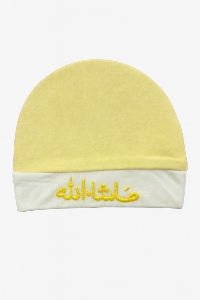 Mamalove Baby Cap – Soft Yellow “Masha Allah” Embroidered Cotton Hat