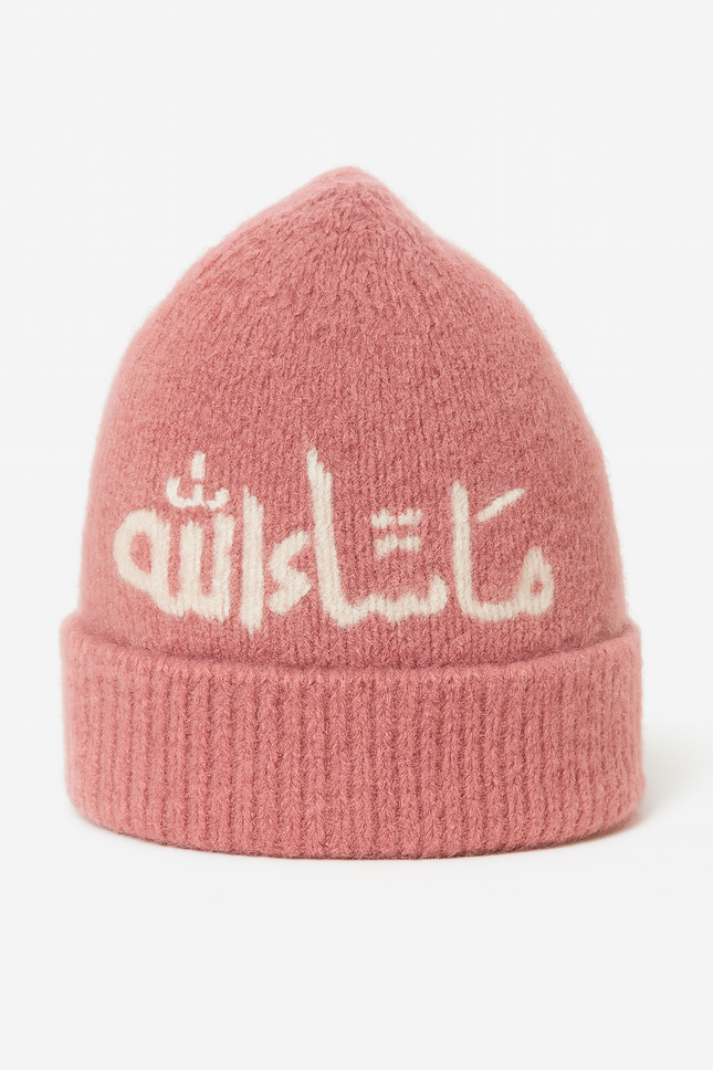 Mamalove Woolen Baby Cap – “Masha Allah” Embroidered Beanie in Soft Rose Pink