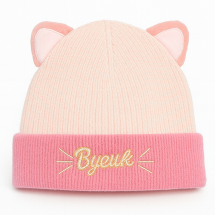 Mamalove Baby Girl Knit Hat – Cute Pink Cat Ear Beanie with “Byeuk” Embroidery